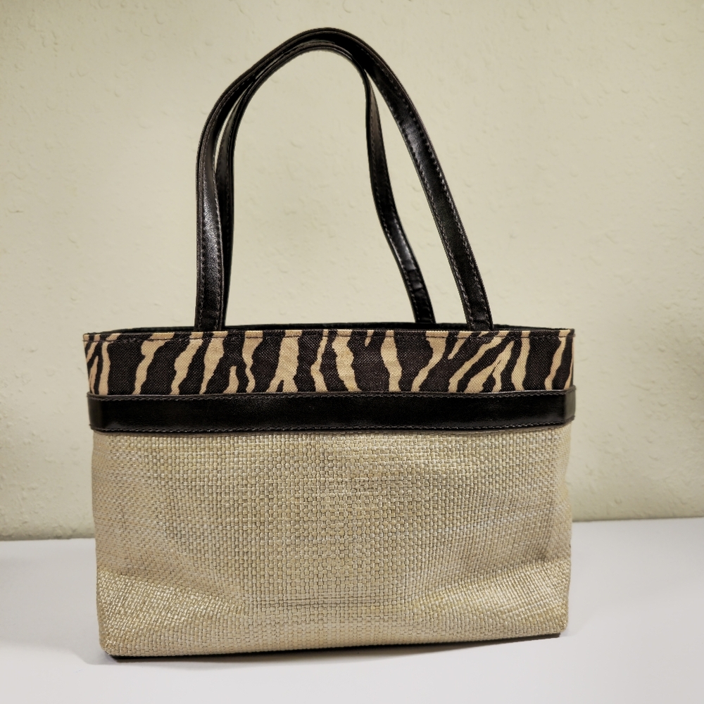 Estee Lauder Small Straw And Faux Leather Zebra Print Shoulder Bag